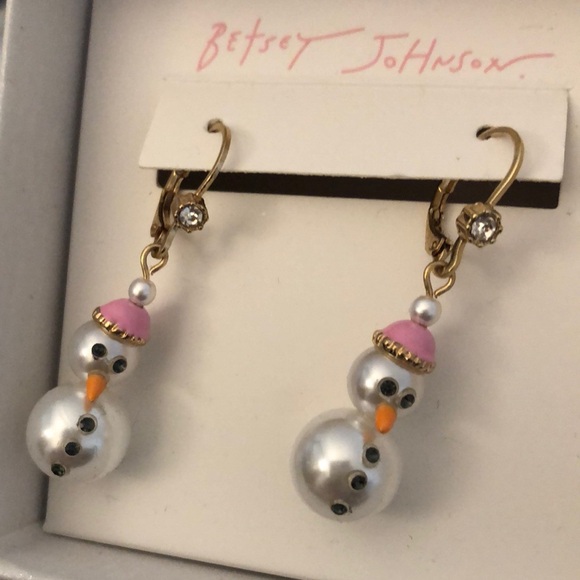 Betsey Johnson Gold Tone White Faux Pearl Snowman Drop Earrings Crystal NIB - Picture 2 of 12